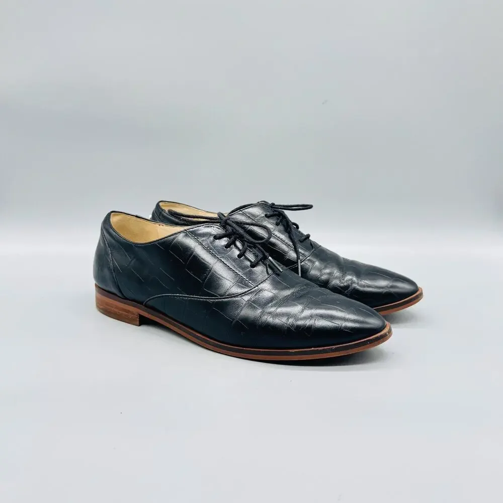 Cole Haan Shoes Women 8 Black Leather Croc Embossed Oxford Flats Lace Up Classic